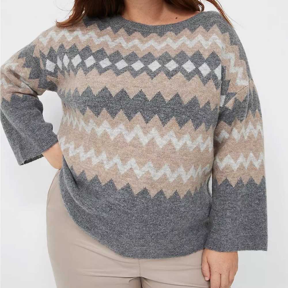 Lane Bryant Gray Bracelet-Sleeve Fair Isle Boatneck Sweater Size 18/20 - Picture 2 of 11